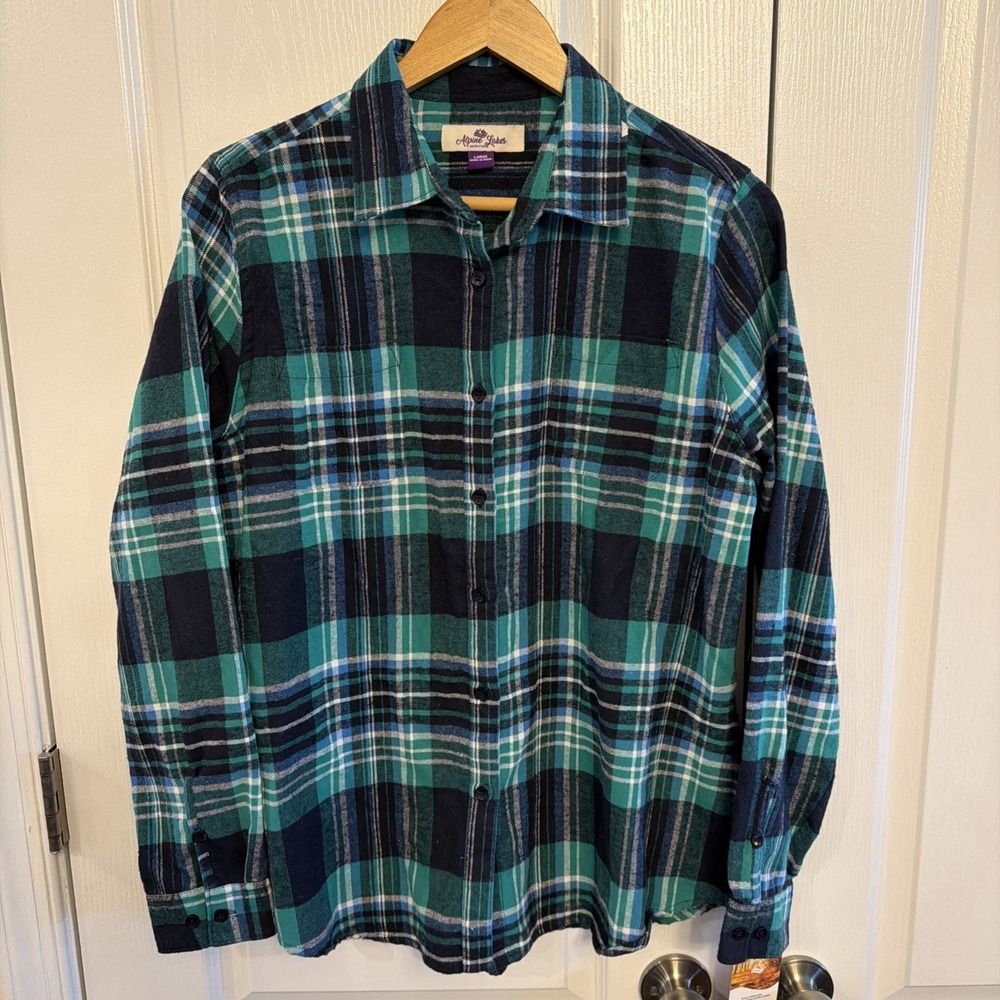 NWT Women's Alpine Lakes Outfitters Plaid Green Cotton Flannel Shirt Size Large